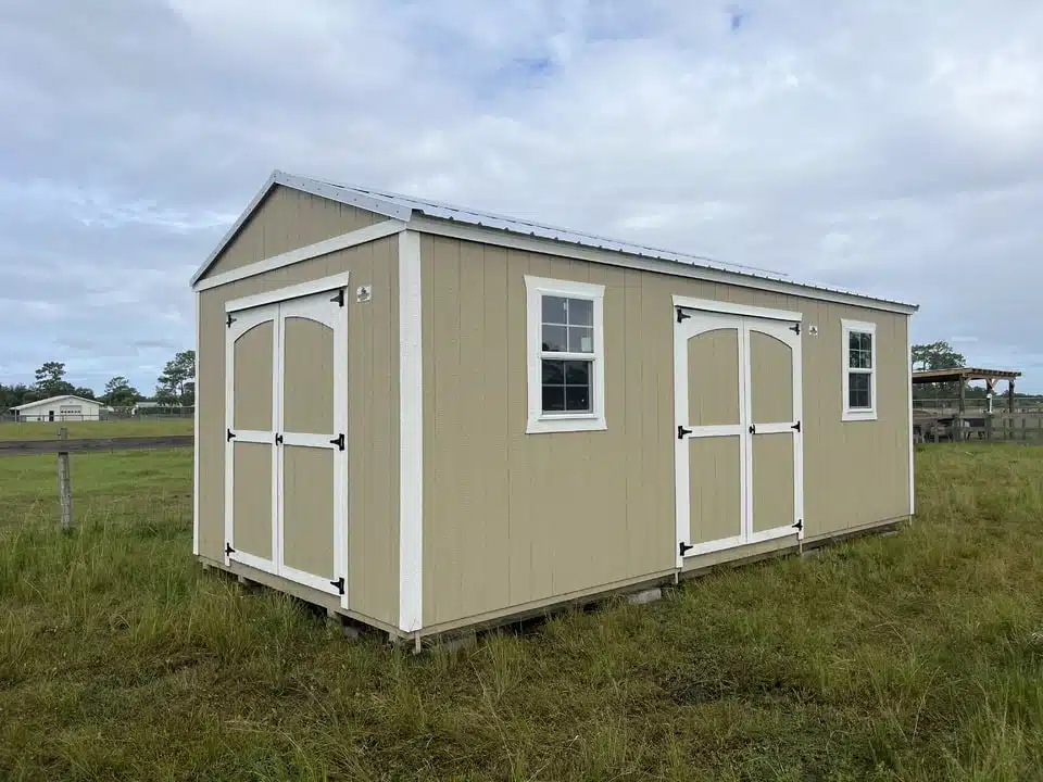 beige 14x24 sheds in florida with white trim