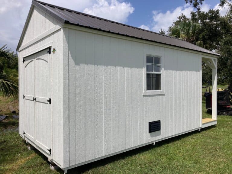 lofted cabin shed with double doors on the back