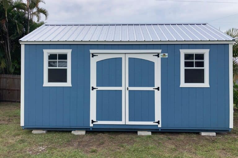 blue and white trimmed side lofted gable sheds