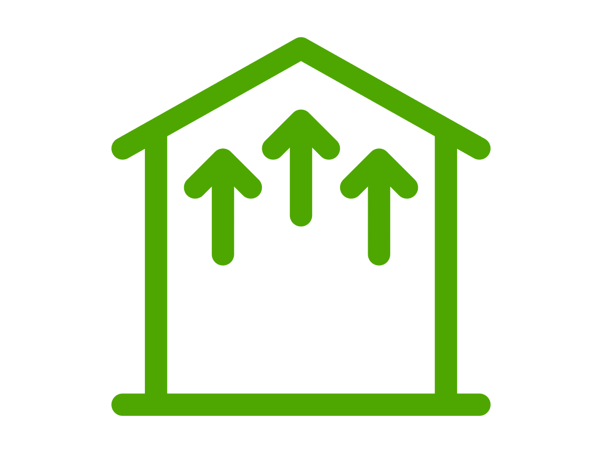 green shed icon with arrows pointing to the roof- reinforced roofing for hurricane-rated sheds