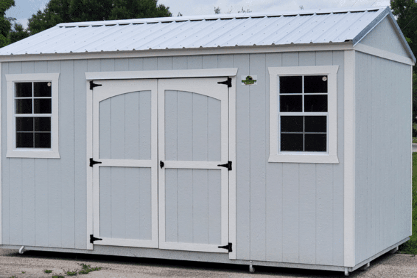 light blue side gable shed with white trim for sale in south florida