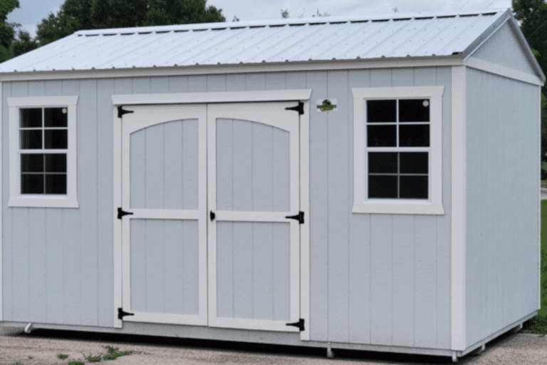 light blue side gable shed with white trim for sale in south florida