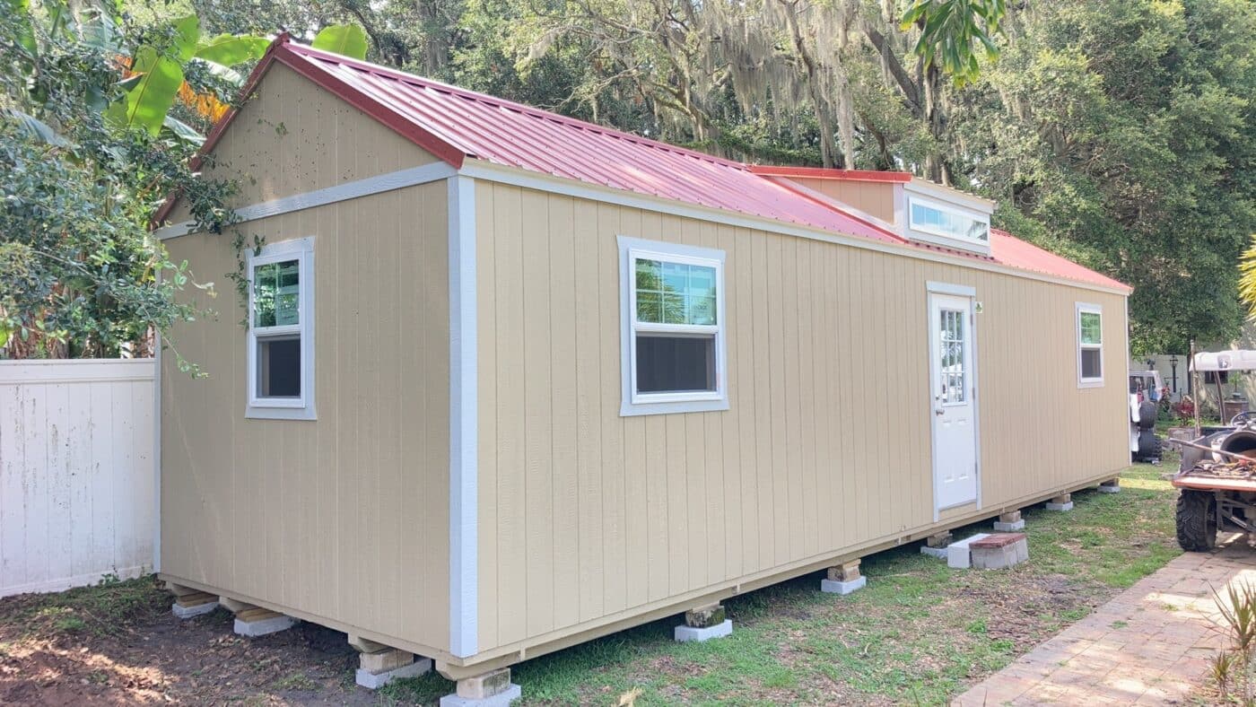 shed with red roof